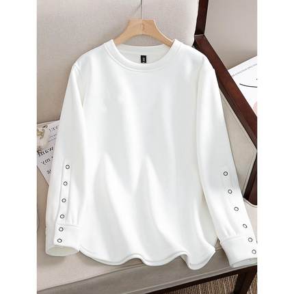 白色圆领扣长袖t恤秋冬女韩式不对称下摆羊毛衬里大尺寸分层底衬