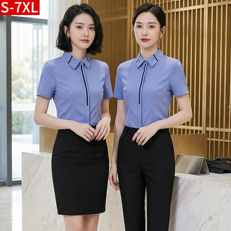 酒店前台工作装女夏气质西餐厅饭店收银服务员短袖工作服衬衣套装图片