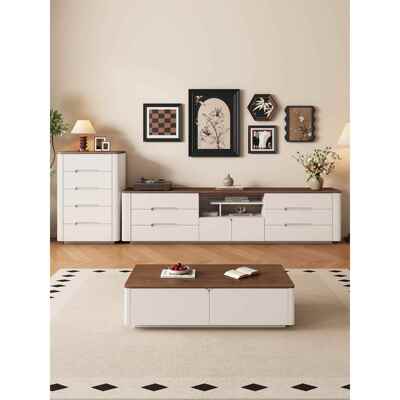 纯实木中古奶油风高款落地电视柜客厅家用小户型收纳储物柜一体