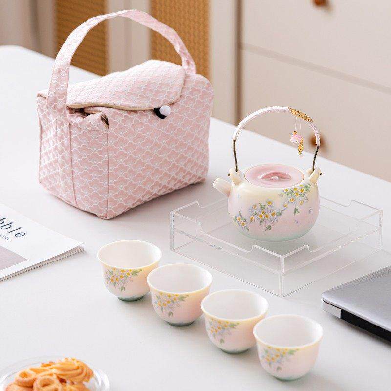羊脂玉旅行茶具套装户外露营陶瓷泡茶壶便携收纳布包女士喝茶装备