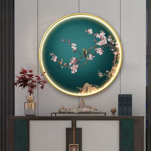 新中式走廊入户玄关装饰画花鸟圆形LED发光带灯挂画书房客厅壁画