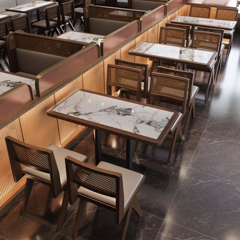 商用主题餐厅实木藤编岩板桌椅组合咖啡厅火锅店西餐厅烧烤店卡座