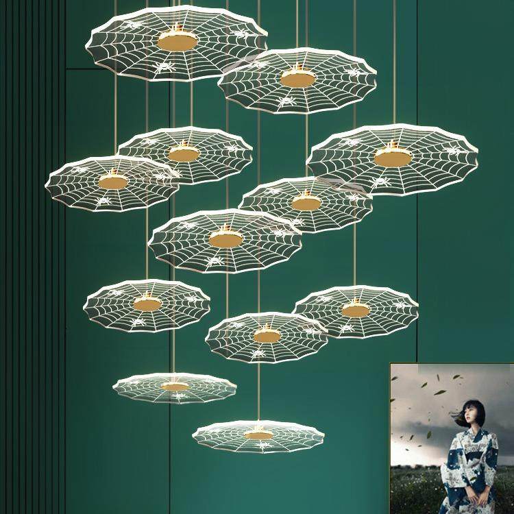 复式楼旋转楼梯吊灯艺术个性荷叶灯现代轻奢别墅大厅客厅餐厅灯具