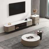 式 轻奢茶几圆形小型创D37茶几意岩板客厅皮艺组合现代户意简约子