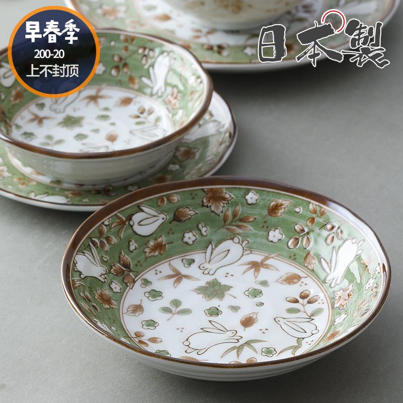 日本进口美浓烧陶瓷餐具绿色玉兔饭碗日式寿司菜盘子碟拉面汤碗