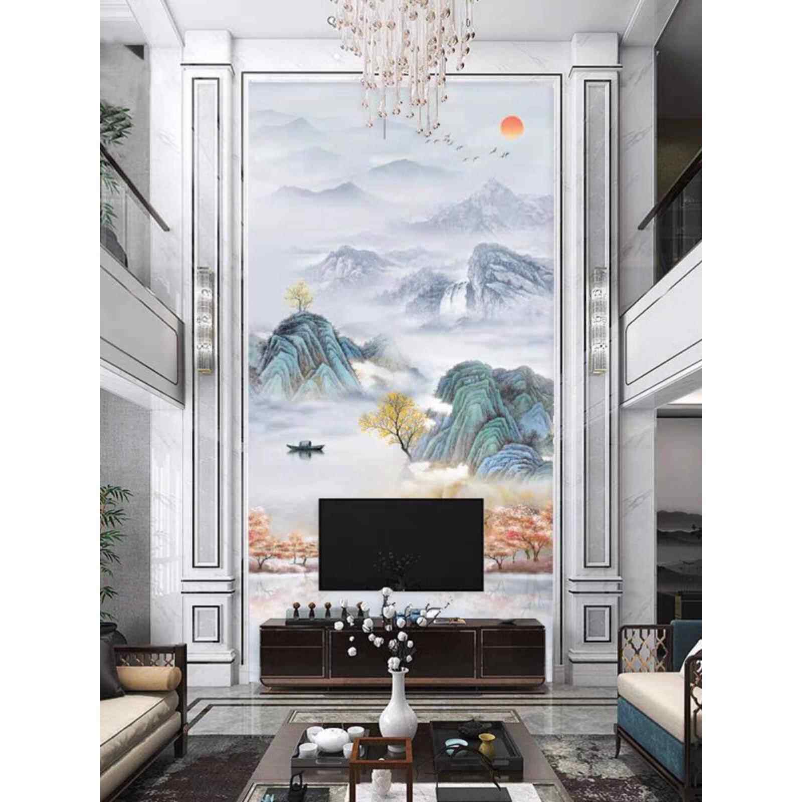 别墅客厅沙发竹木纤维电视背景墙覆式楼集成墙板挑空山水画护墙板