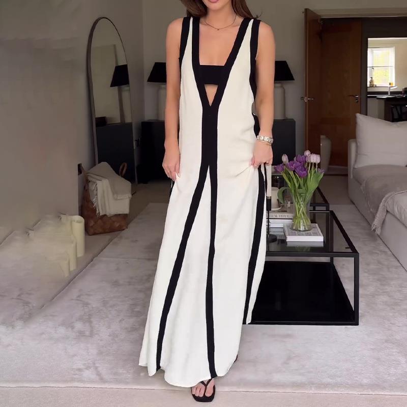 dresses vacation color contrast pullover sleeveless summer