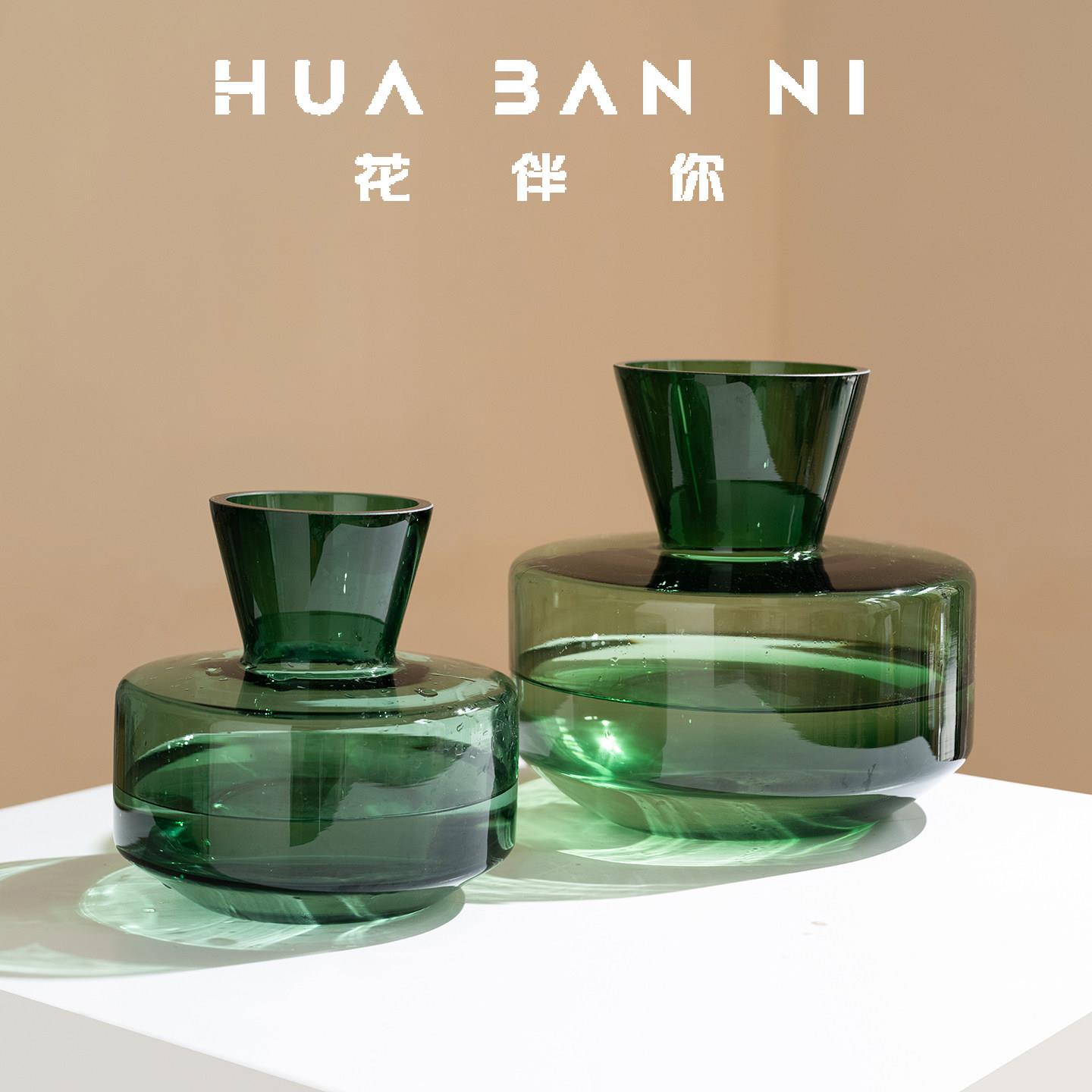 中古风墨绿色纯粹极简线条玻璃花瓶餐桌装饰高档插花水培摆件饰品