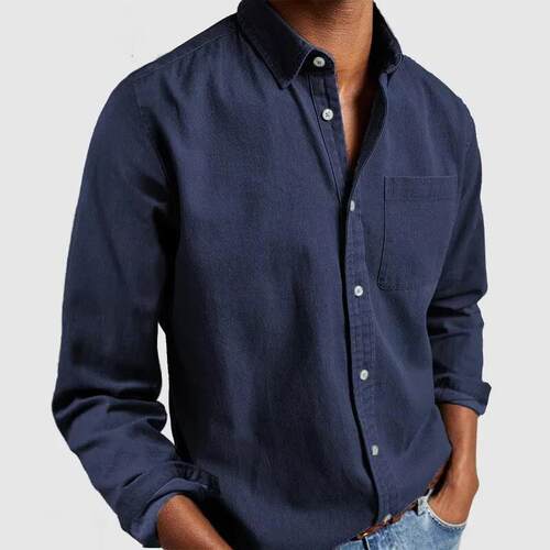 Open collar men's shirt with flat collar and front pocket