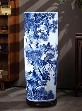 景德镇陶瓷青花瓷落地大花瓶插花箭筒中式客厅书画 画缸直筒瓷器