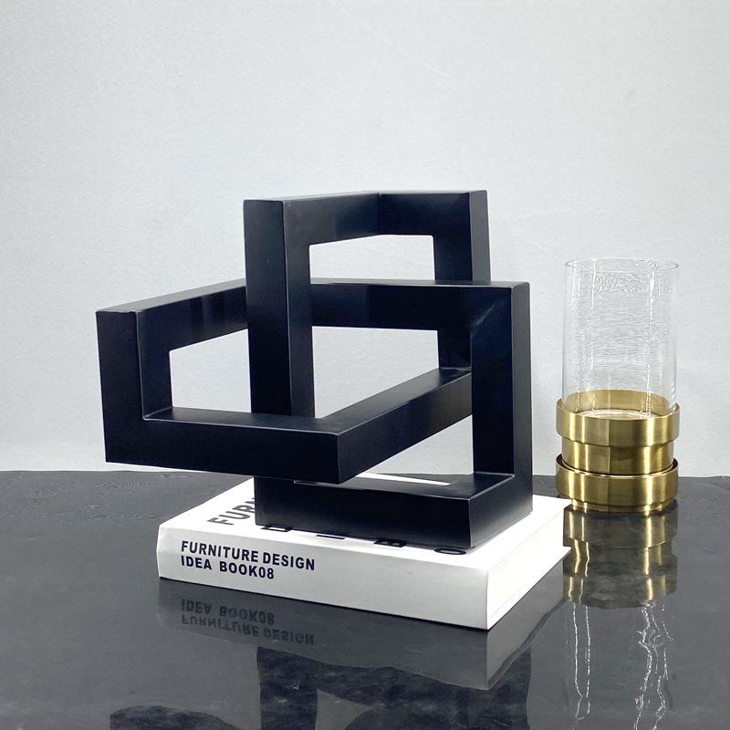 简约现代几何交错抽象黑色金属摆件玻璃花器家居软装饰品/样板房