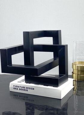 简约现代几何交错抽象黑色金属摆件玻璃花器家居软装饰品/样板房
