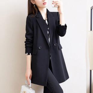 春秋季黑色西装外套女中长款通勤风双排扣宽松职业装气质小西服潮