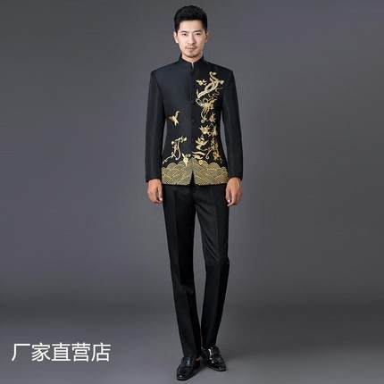 高档装绣礼花立领中山装男中式改民乐大合唱表演服良唐主持人演出