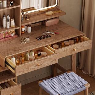实木伸妆缩梳妆台收纳柜带灯妆台现代简化A1630 原约木风斗柜一体
