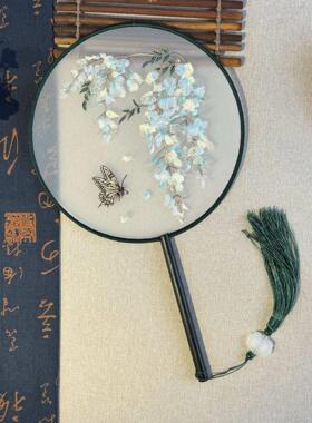 双面团扇古风中国风女式长柄流苏汉服旗袍跳舞蹈扇幼儿夏圆形扇子