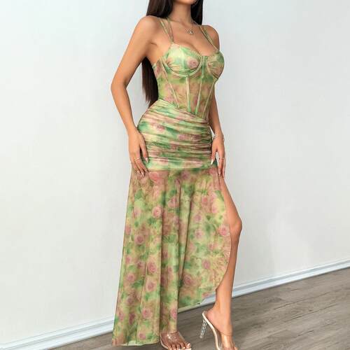 Printed flower camisole skirt with split steel ring