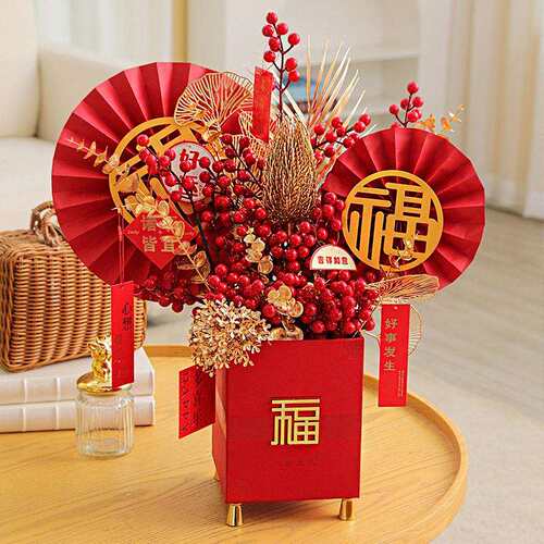 2026新款春节新年发财果仿真花红果冬青喜庆客厅装饰摆件福桶成品