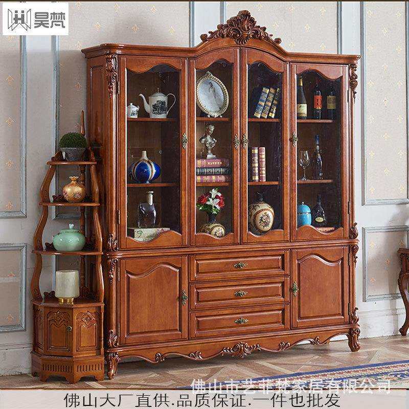 欧式实木书柜书橱玻璃门带门书房奢华高档美式靠墙欧美风格雕花