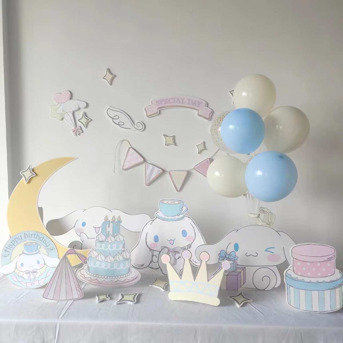 玉桂狗主题生日派对布置桌面kt板嫩蓝嫩黄色系生日装饰卡通背景