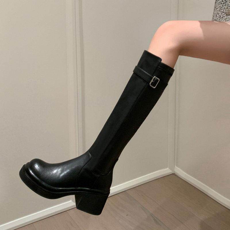 ins一眼别离！巨腿瘦~真皮厚底黑色骑士靴女小个子长筒靴高跟靴子,女鞋,骑士靴,淘宝优惠券,粉丝福利购,淘宝优惠卷