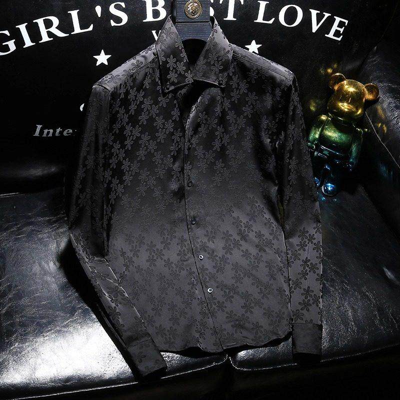 秋季衬衫男款新中式高端提花长袖衬衫翻领打底衫休闲垂感修身衬衣