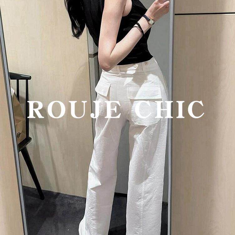 法国rouje chic法式白色工装直筒阔腿裤女夏季设计感高腰休闲长裤