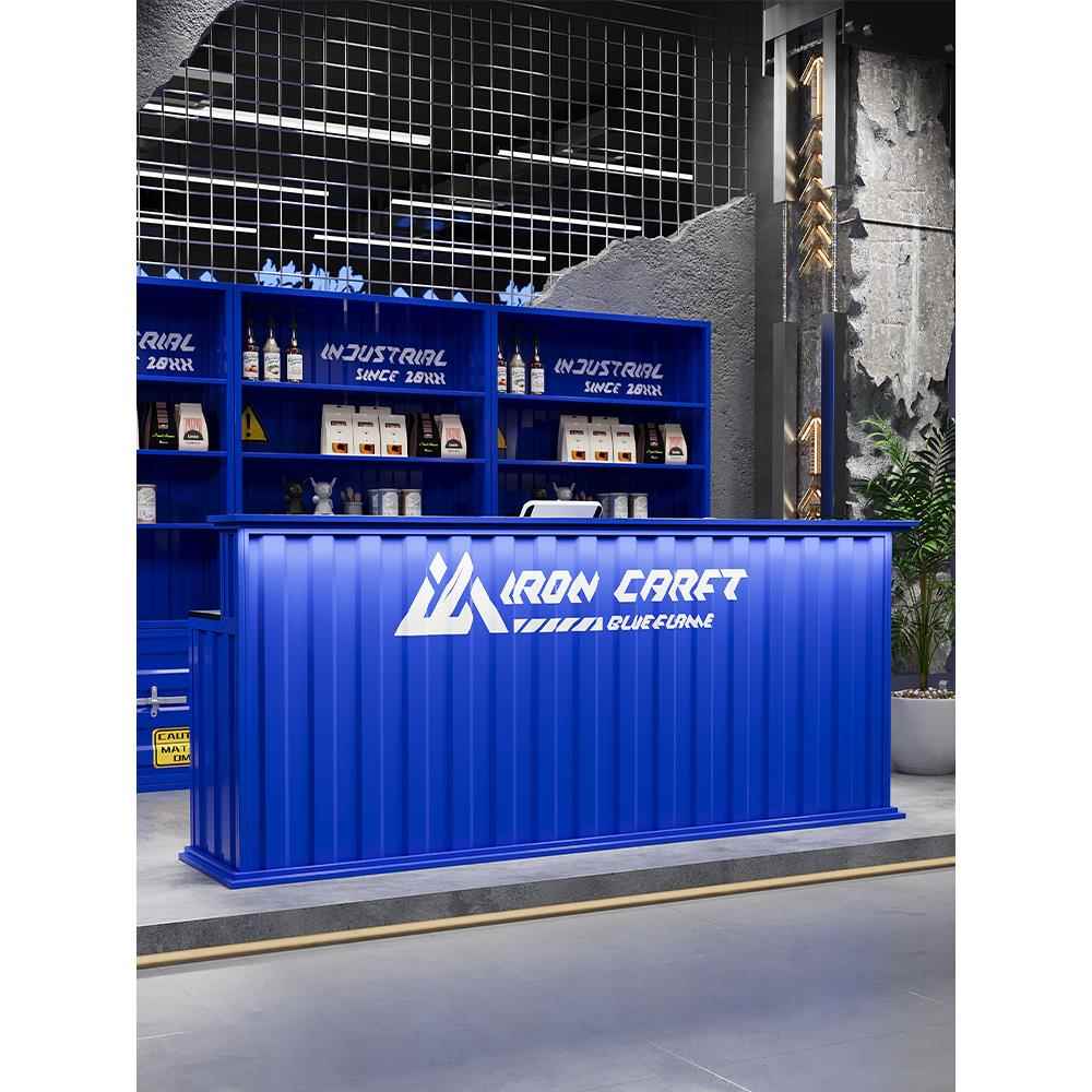 工业风吧台收银台铁艺集装箱咖啡店奶茶店覆古创意转角前台接待台