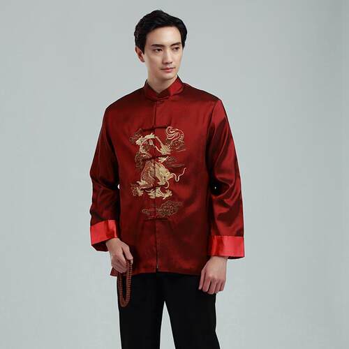 高档春秋男长袖唐装上绣双龙带表演服士装中花式上衣衣婚礼主礼服