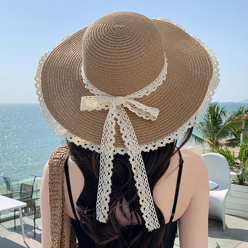 波浪边蕾丝女天海边沙滩遮阳防晒帽编织大帽檐法式时尚帽子