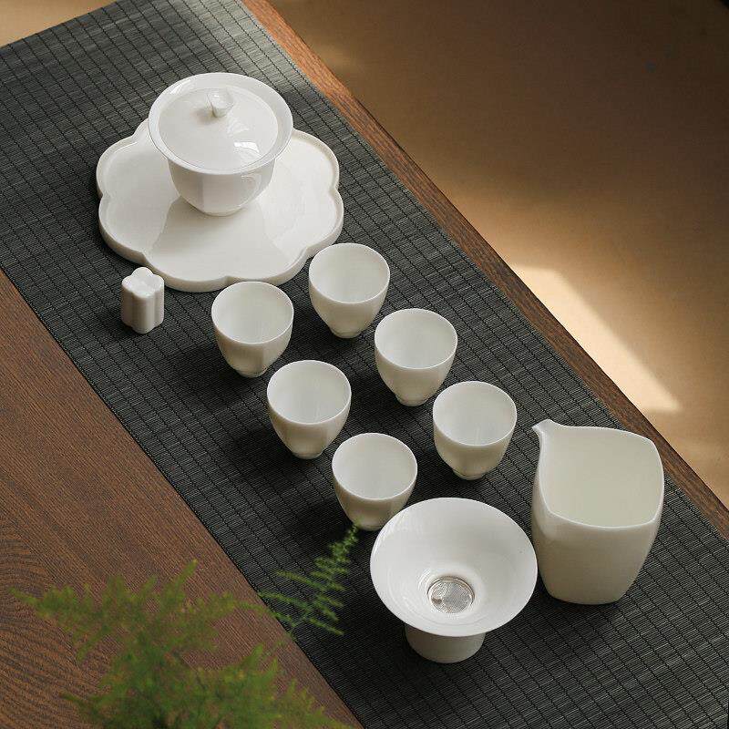 新款羊脂玉白瓷功夫茶具套装白色盖碗茶杯陶瓷轻奢高级泡茶家用
