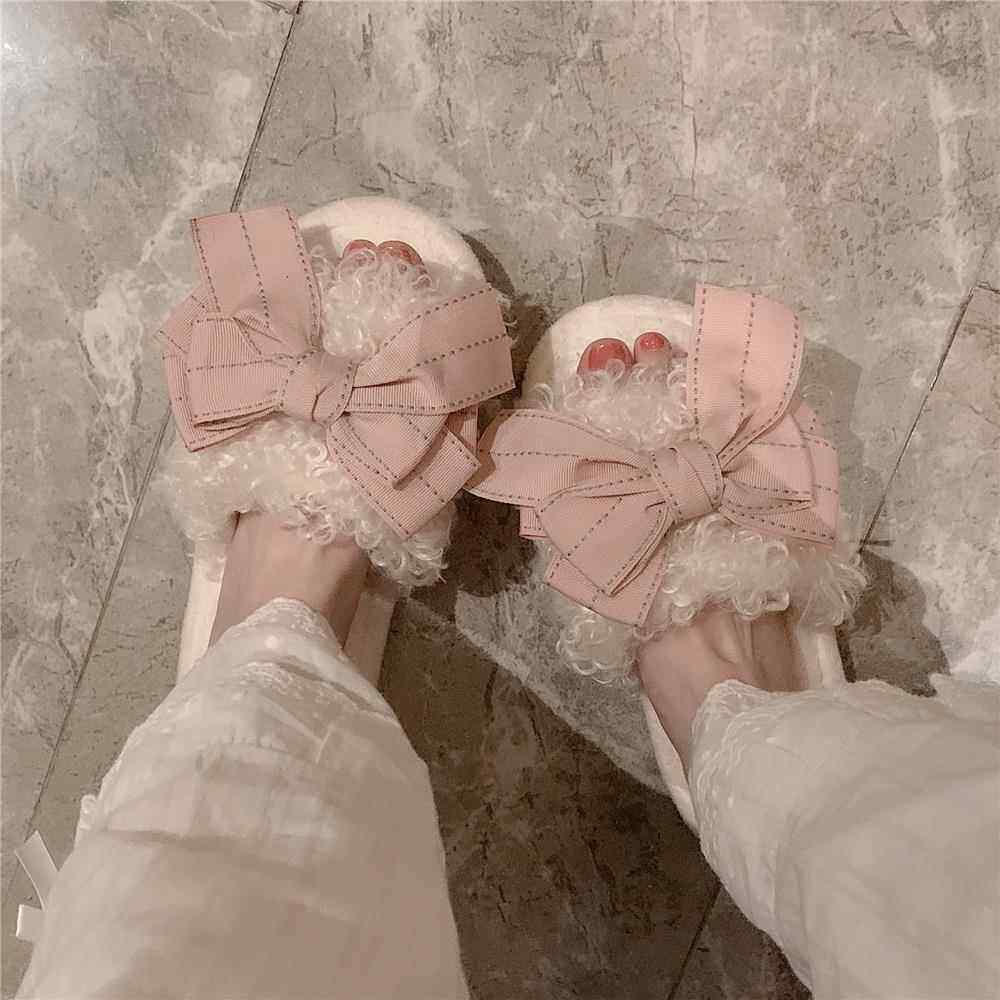 无声静音冬季毛毛拖鞋毛绒地毯蝴蝶结室内家居女实木地板卧室软底