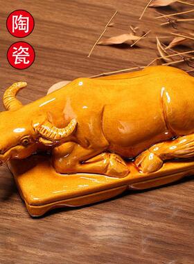 唐三彩陶瓷卧牛精品摆件财牛家居摆饰卧牛工艺礼品摆饰礼品瓷牛摆