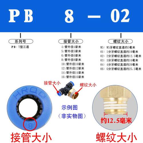 T型正三通螺纹PB-02气动快速插接头06-01/10-0至12-4铜39238白不