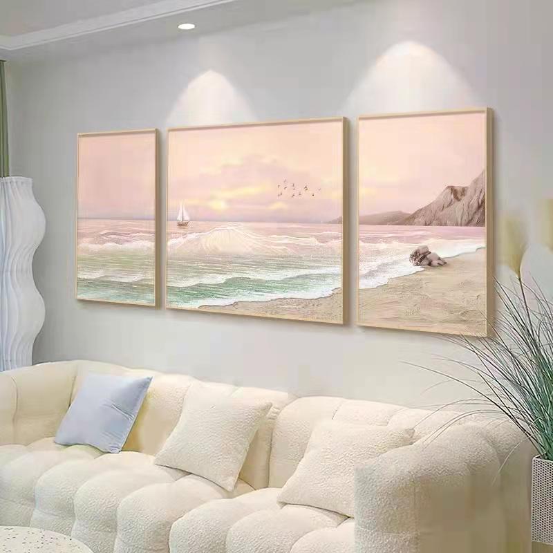 奶油风客厅装饰画高级感沙发背景墙壁画抽象海景三联画肌理感挂画