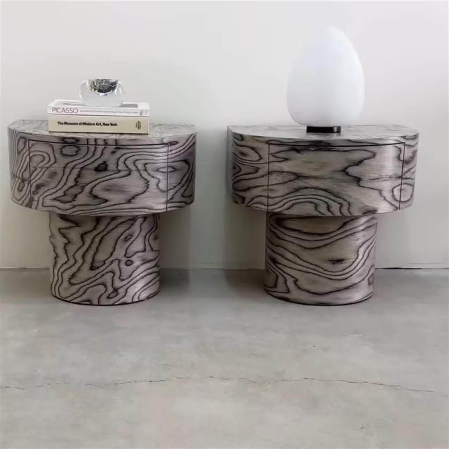 意式极简圆几天然树纹圆形床头柜设计师高级感木纹家用边几实木柜