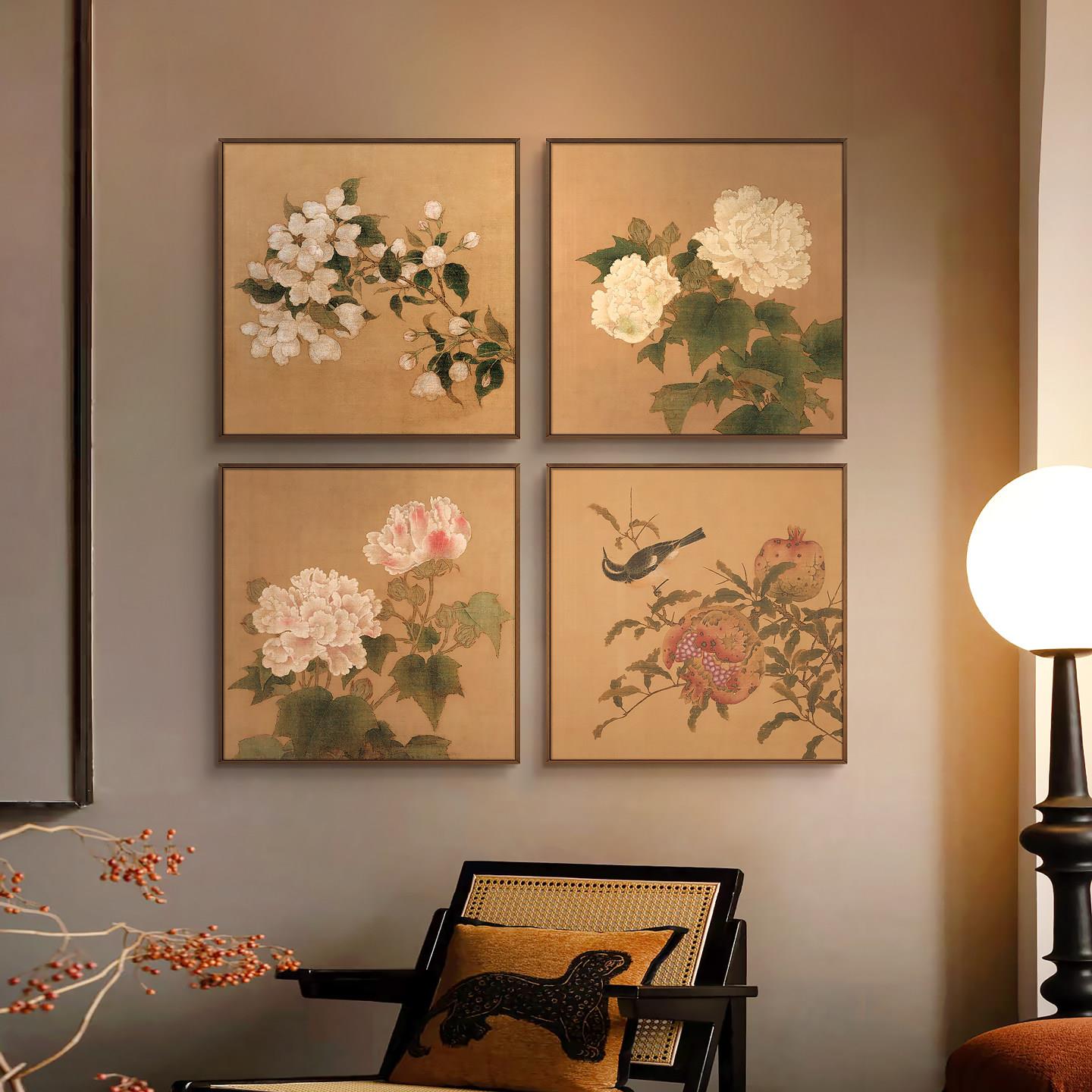 新中式玄关水墨牡丹装饰画饭店餐厅背景墙挂画卧室书房宋代美学