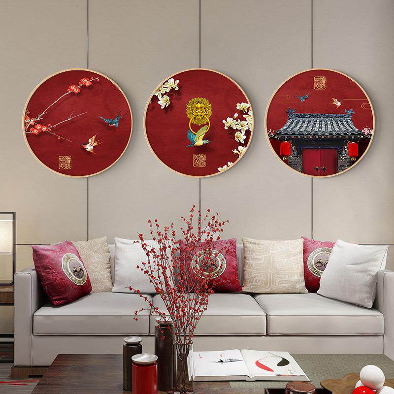 中式古装饰新画实木圆形玄关画卧室国风中典红色DZI喜气背景客厅