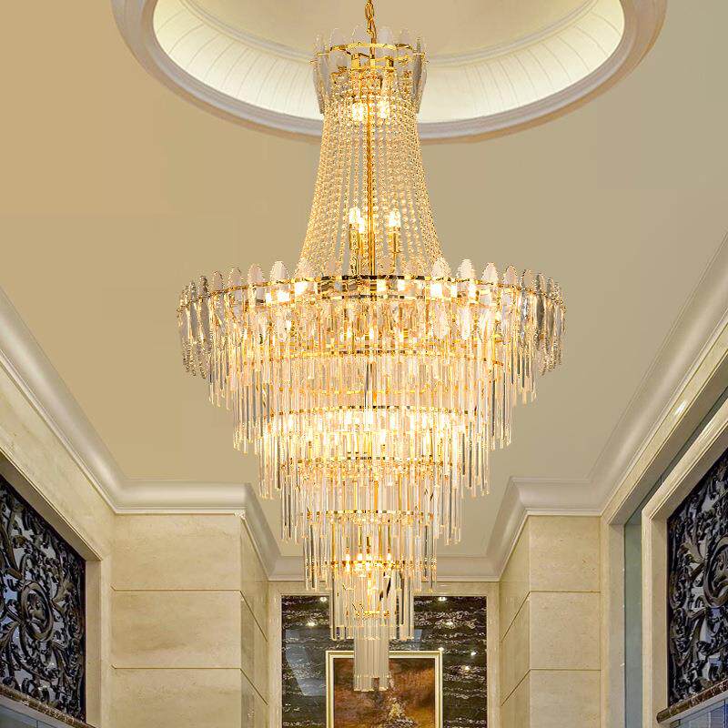 复式楼水晶客厅大吊灯现代简约轻奢豪华大气中空楼梯别墅长吊灯