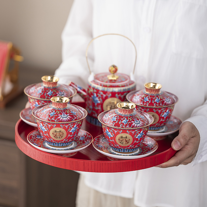 高档结婚敬茶杯套装红色喜碗茶壶改口杯一对女方婚礼陪嫁用品大全