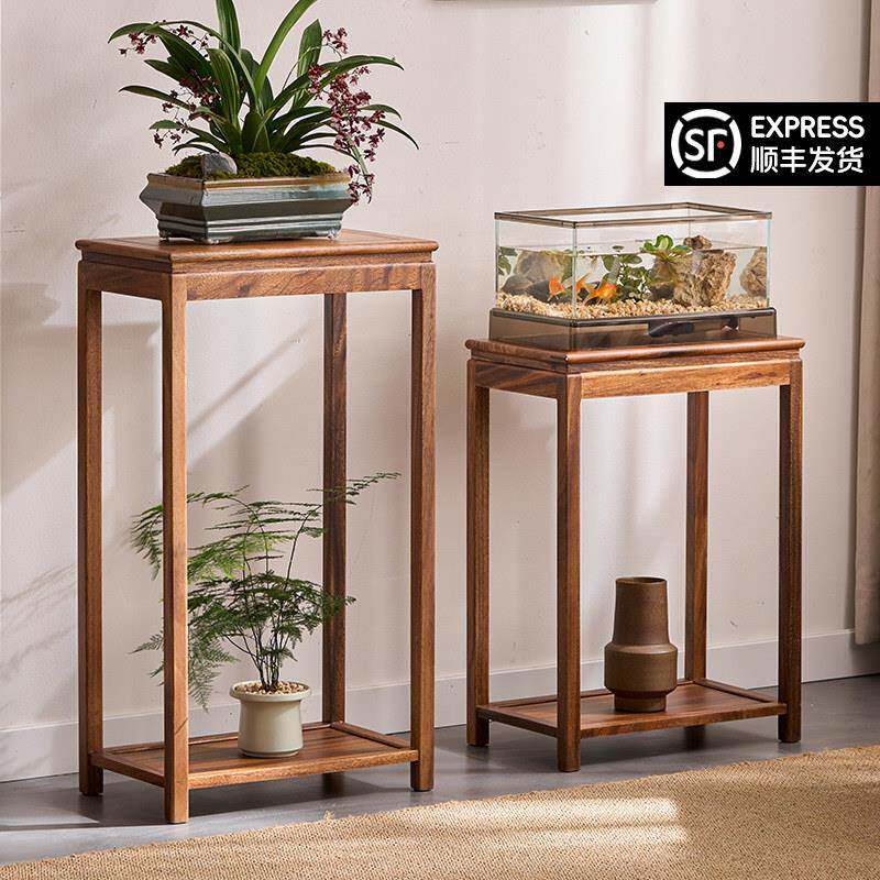 胡桃木实木承重鱼缸架子专用底柜家用双层花架子客厅落地式花盆架