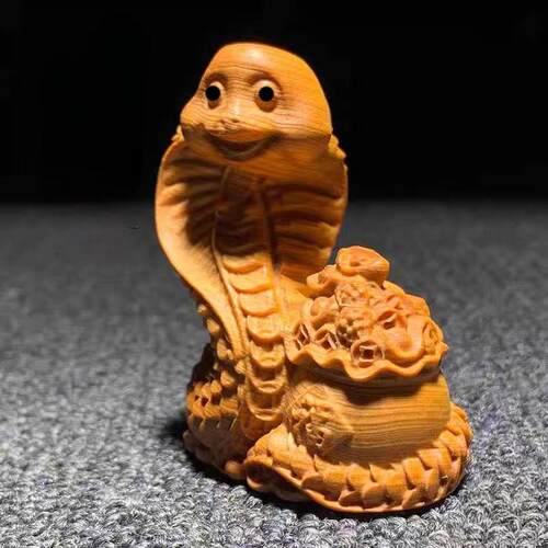 天然崖柏木雕蛇手把件实木十二生肖蛇小摆件家居招财福袋蛇装饰品