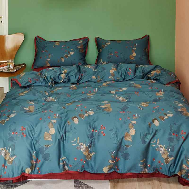 正品田园风6支长绒0棉纯棉四件套植物被花卉印花棉全套床上用品蓝