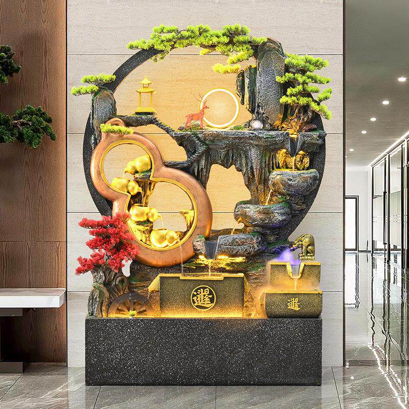 景新中式假山流水泉水客厅玄关办公室风水轮加JHX湿喷器喷雾装摆