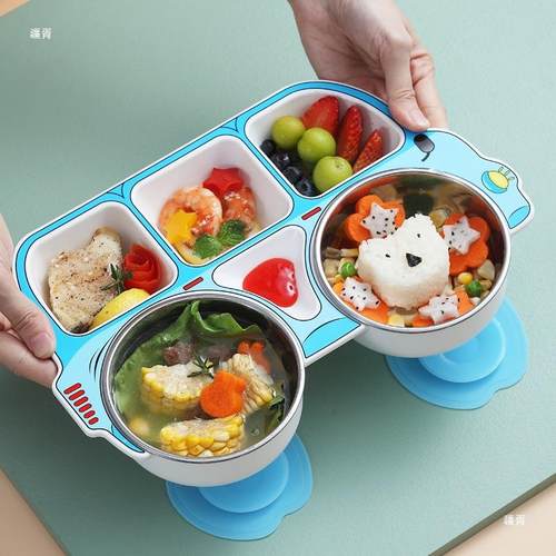 不锈摔钢儿用童95034餐盘分格卡通饭碗吃套装防家保温宝宝餐具辅