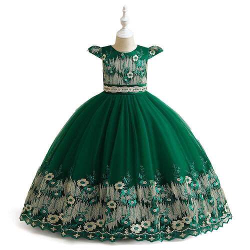 flower embroidery tulle dress round neck dress for party