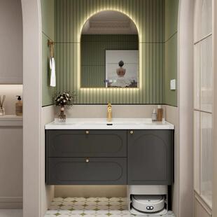 法式复古浴室柜组合扫地机器人一体陶瓷盆橡木洗手脸柜洗漱台