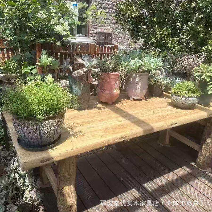 中式老榆木桌台复古木板户外阳台花台架茶桌农村庭院大案板做旧