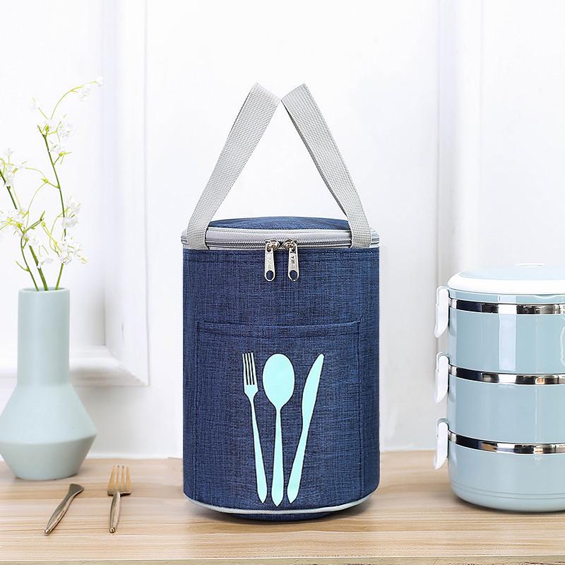 饭盒袋圆形圆桶保温便当包铝箔加厚大容量防水手提袋保温桶牛津布