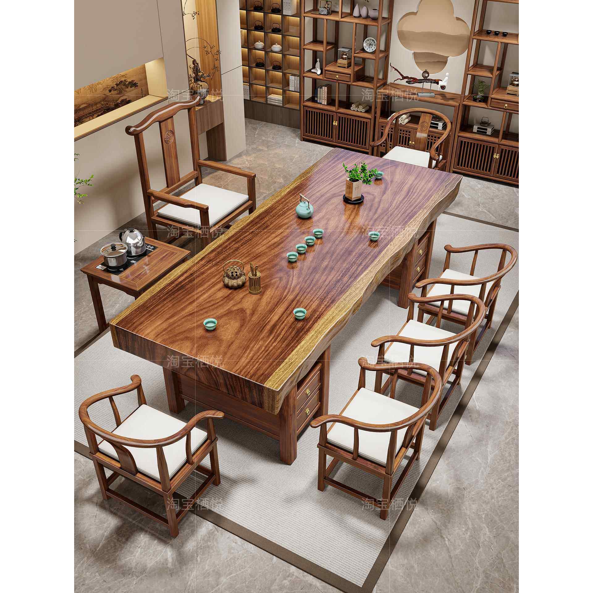 胡桃木大板茶桌2025新款高端新中式实木家用办公室泡茶台组合茶具,住宅家具,茶几,淘宝优惠券,粉丝福利购,淘宝优惠卷